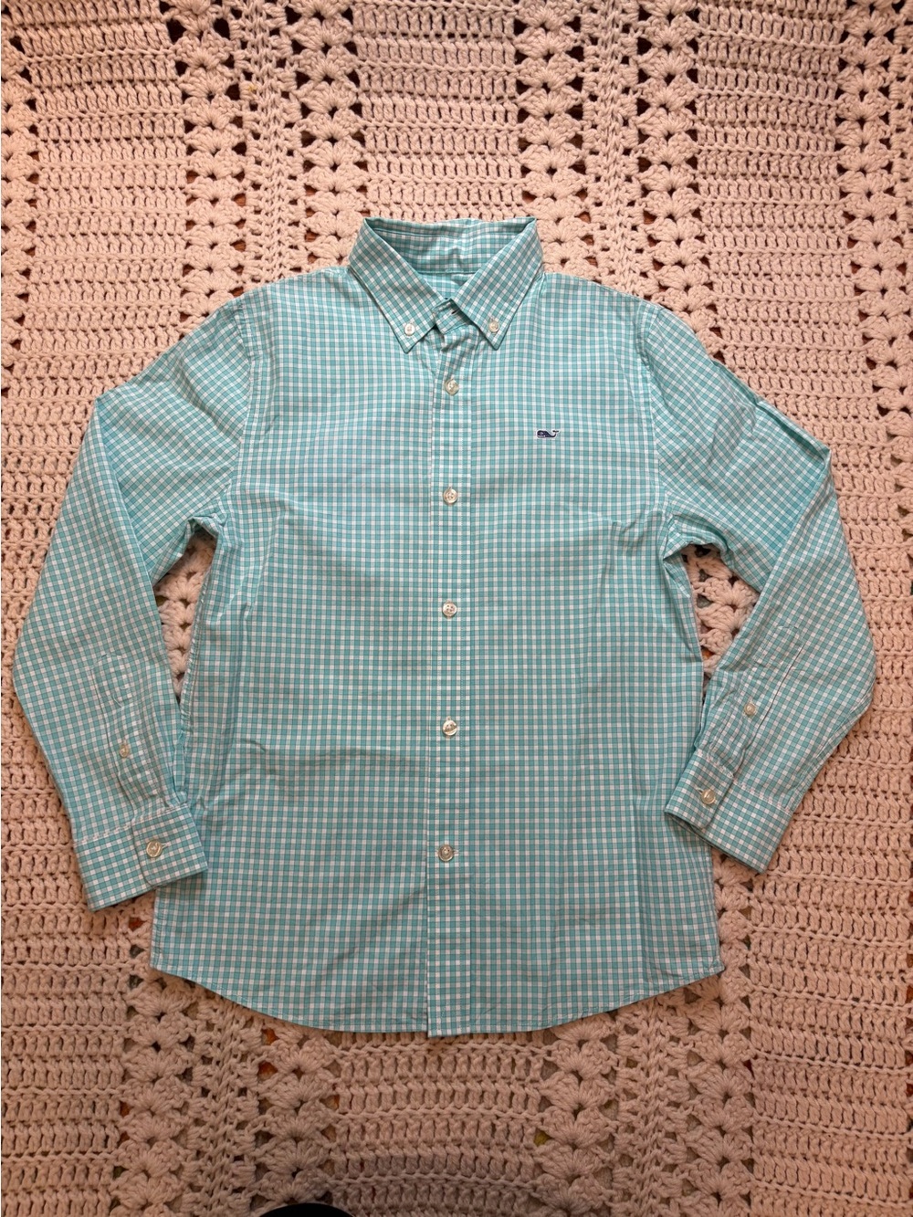 Vineyard Vines Boys Teal Plaid Button-Down Whale Shirt 100% Cotton Size Small